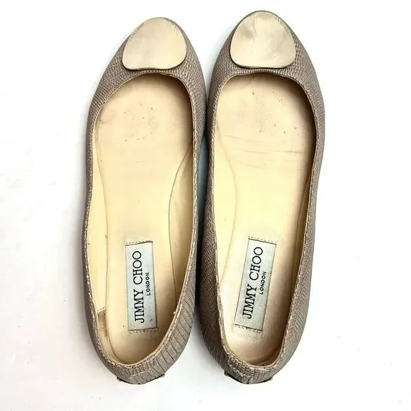 Jimmy Choo WRAY Ballet Flats Printed Leather Nude Gold Logo Medallion Italy US 7